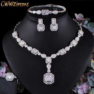 CWWZIRCONS 4 STKS Luxe Wit Kubieke Zirkoon Vrouwen Trouwkostuum Sieraden Sets voor Bruiden Dubai Gold Color Party Accessoires T483 H1022