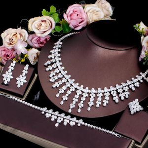 CWWZircons 4 stks 5A Zirconia Bruids Sieraden Kwastje Bloem Drop Ketting Oorbellen Sets voor Vrouwen Pageant Party T0893 240202