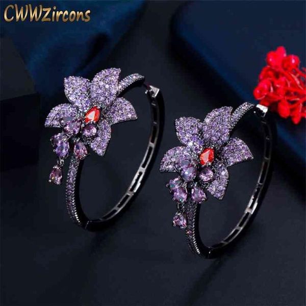 CWWZircons Chic Color Negro Oro Púrpura Cubic Zirconia Crystal Round Big Dangle Drop Flower Charms Pendientes de aro para mujer CZ820 2233v