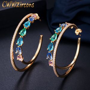 CWWZircons Double cercle arc-en-ciel couleur cubique zircone cristal grand rond or boucles d'oreilles pour femmes déclaration bijoux CZ562