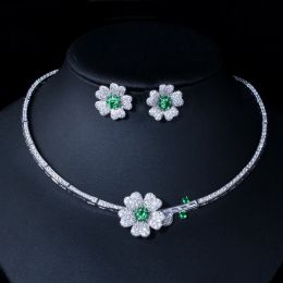 CWWZircons Druzy CZ Stone Big Red Flower Wedding Bridal Choker ketting en oorbellen feestkostuumsets voor bruiden T0518