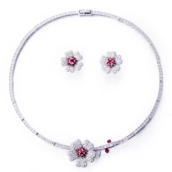 CWWZircons Druzy CZ Pierre Grande Fleur Rouge Mariage Collier Ras Du Cou Et Boucles D'oreilles Costume De Fête Ensembles De Bijoux Pour Les Mariées T0518 240228