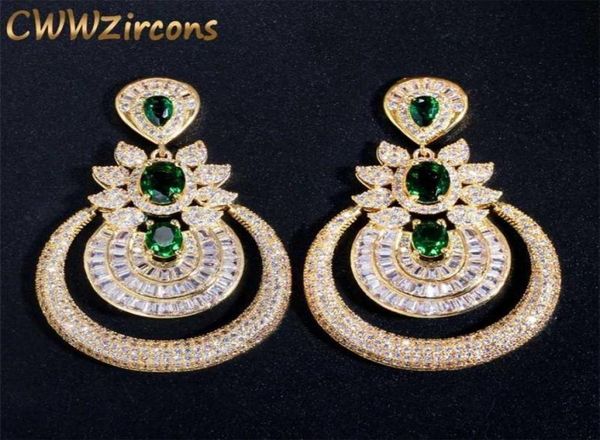 CWWZircons Dubai 18k oro amarillo joyería de disfraz Vintage verde esmeralda pendientes largos para fiesta de boda para mujer CZ457 2201082020764