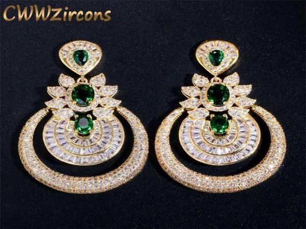 CWWZircons Dubai 18 carats or jaune Vintage bijoux fantaisie vert émeraude longue grande goutte boucles d'oreilles de fête de mariage pour les femmes CZ457 2201089893514