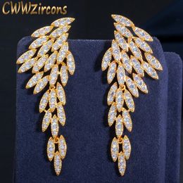CWWZircons Elegante 18k Chapado en oro Cubic Zirconia Pendientes largos colgantes de ala de plumas para mujer Joyería Boho de moda CZ640 240401