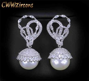 Cwwzircons Elegante vorm Silver kleur CZ Stone verhard bungelen Round Round Big Pearl Drop Earring For Women Sieraden Gift CZ360 2106245457817