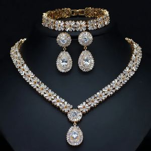CWWZircons exclusif Dubai plaque d'or bijoux de luxe zircon cubique collier boucle d'oreille Bracelet ensemble de bijoux de fête pour les femmes T053 240228