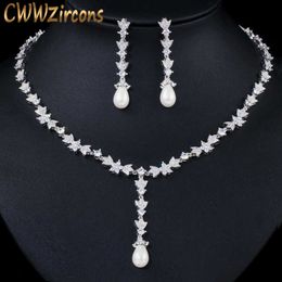 CWWZircons magnifique cubique zircone pierre pavé femmes banquet de mariage long collier de perles et boucles d'oreilles ensembles de bijoux de mariée T368 H1022