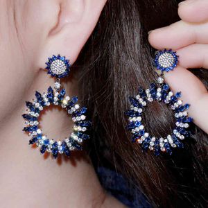 Cwwzirkons prachtige luxe merk ronde drop big lange blauwe kubieke zirconia kristal bruiloft party oorbellen voor vrouwen sieraden CZ857