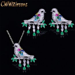 CWWZircons Haute Qualité Goutte d'eau Vert CZ Collier et boucles d'oreilles Mode Animal Oiseau Bijoux Ensemble pour Femmes Cadeau T217 201222