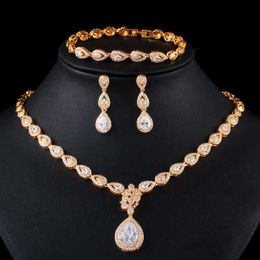 CWWZRIRS Luxe Cubic Zirconia 585 Gold Water Drop Earring Necklace Armband Bruiloft Kostuum Bruid Sieraden Sets T402 H1022