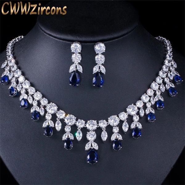 CWWZircons Luxe Bleu Foncé Femmes Robe De Soirée De Mariage Bijoux Big Dangle Drop Mariée CZ Collier Boucles D'oreilles Ensembles De Bijoux T341 220726