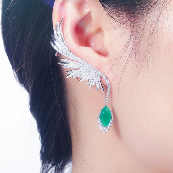 Plein Cubic Zirconia Pave Populaire Big Long Drop Feather Wing Ear Cuff Boucles d'oreilles pour les femmes CZ625