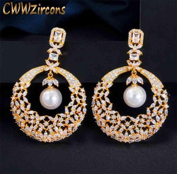 CWWZircons Pendientes largos de boda con circonita cúbica chapada en oro de 18 quilates con perlas colgantes y flores huecas de Dubai para fiesta de novias CZ630 29487590