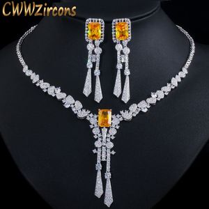 CWWZircons De Luxe Jaune CZ Pierre Dangle Drop Long Tassel Boucles D'oreilles De Mariage Collier Big Dubai Robe De Mariée Ensembles De Bijoux T375 CX200808