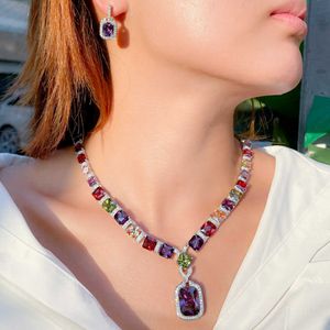 CWWZircons Multi couleur violet zircon cubique grande goutte carrée de luxe mariage collier de mariée boucles d'oreilles ensemble de bijoux fantaisie T569 H1022