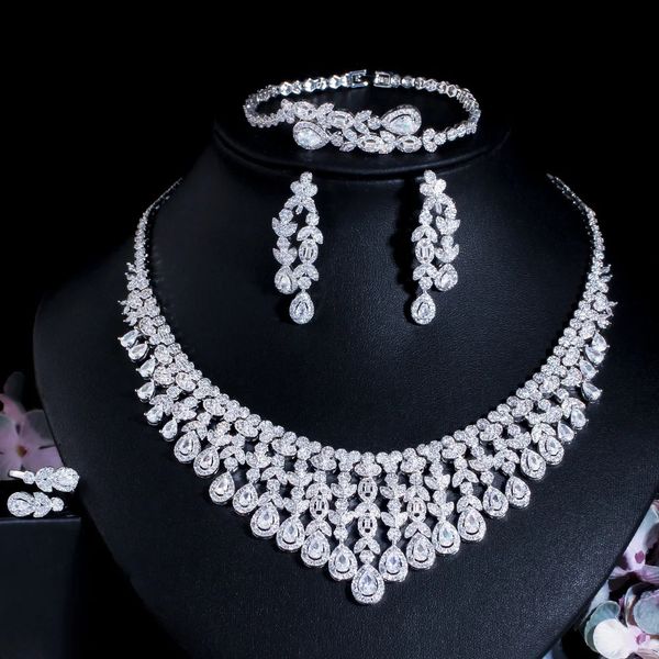 CWWZircons Super luxe gland feuille goutte grand collier de mariage épais Dubai plaqué or blanc 4 pièces ensembles de bijoux pour les mariées T647 240202