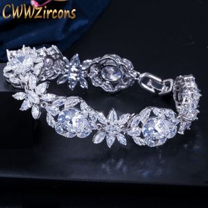 CWWZircons Top qualité blanc cubique zircone fleur feuille grand mariage nuptiale fête bracelet à breloques bracelet pour les femmes CB128