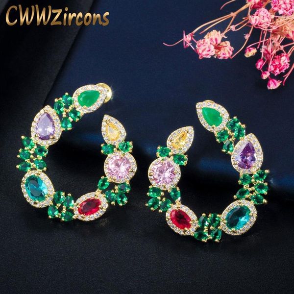 CWWZircons, diseño único de hojas y flores, pendientes elegantes chapados en oro amarillo, grandes y redondos, Esmeralda verde para mujer, regalo de joyería CZ604301N