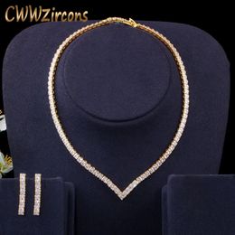 CWWZircons muy brillante Zirconia cúbica Pave amarillo oro Color mujeres fiesta gargantilla collar y pendiente novias joyería conjunto T421 201222