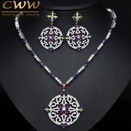 CWWZircons Vintage africain multicolore zircon cubique mariage grand long collier et boucles d'oreilles ensemble de bijoux de mariée T105 CX2008236Y