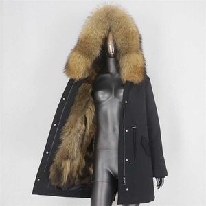 CXFS réel manteau de fourrure veste d'hiver femmes longue Parka imperméable naturel fourrure de raton laveur col capuche épaisse doublure de fourrure chaude 211129