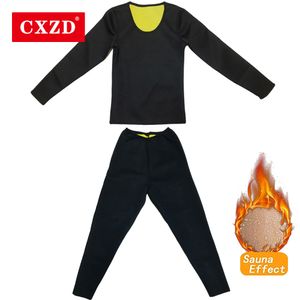 CXZD Hot Thermo Body Shaper Minceur Chemise À Manches Longues + Pantalon D'entraînement Sueur Sauna Costume Néoprène Shapewear Body Perte De Poids 210305