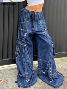 Cyber Y2k Punk jambe large Baggy mode jean Techwear taille haute femmes Denim pantalon sangle Patchwork Streetwear pantalon