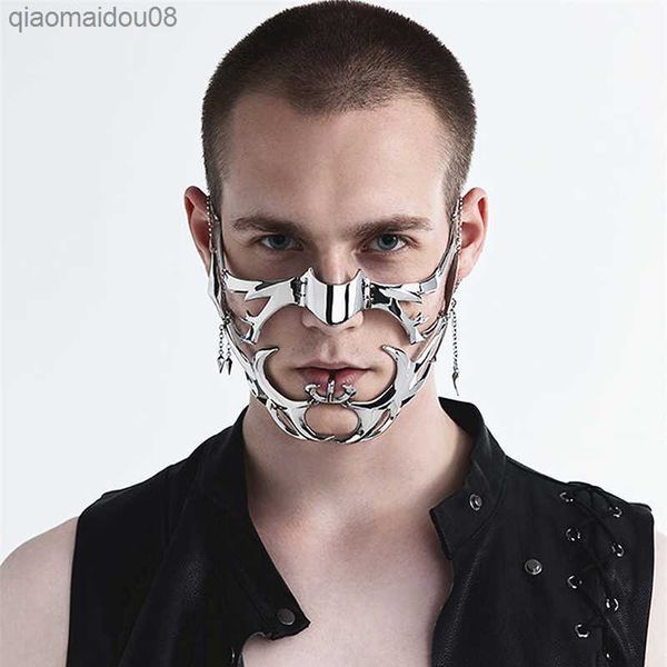 CyberPunk Irrégulier Titane Acier Partie Masque Gothique Punk Métal Mécanique Alien Fluide Visage Ornement Boucles D'oreilles Bijoux Accessoire L230704