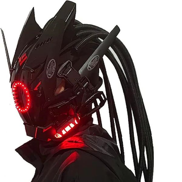 Masque Cyberpunk Éclairage Rouge LED avec Cheveux Festival de Musique Fantastique Cosplay Casque de Soldat SCI-FI Cadeau de Fête d'Halloween pour Adultes 240307