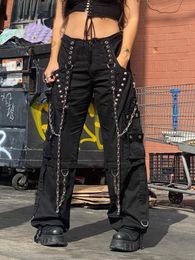 Cyberpunk y2k bandage pantalon pantalon pantalons de chaîne de chaîne jeans salissants grunge goth pantalon de survêtement noir