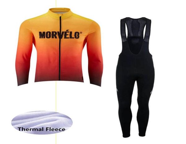 Maillot de ciclismo Morvelo térmico de invierno Fleecehombre manga larga Jersey de ciclismo profesional Pantalones largos con pechera para bicicleta Conjuntos de ropa de ciclismo de invierno 89686778