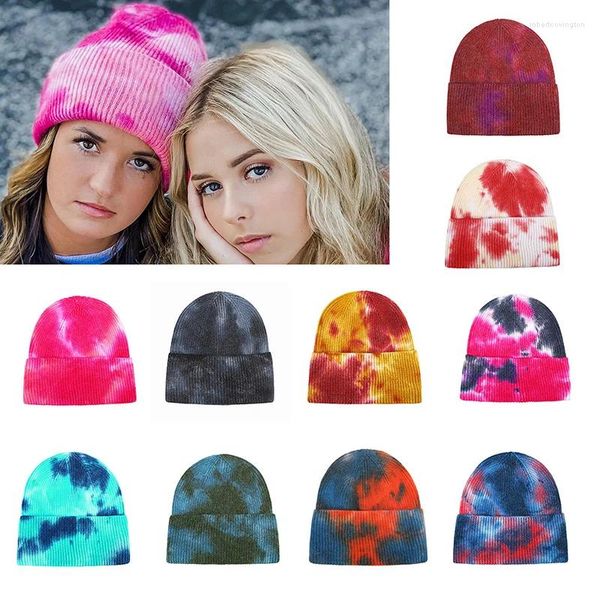 Casquettes de cyclisme tricotées Tie Dye Bonnets chapeaux plaine manchette bonnet tricot Ski décontracté crâne chaud couleur unie hiver blanc chapeaux Bonnets