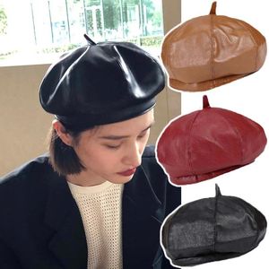 Cycling Caps Masks Autumn Winter Pu Leather Berets For Women Retro Vintage Ladies Octagonal Hat Stewardess Black Coffee Artist Hoeden