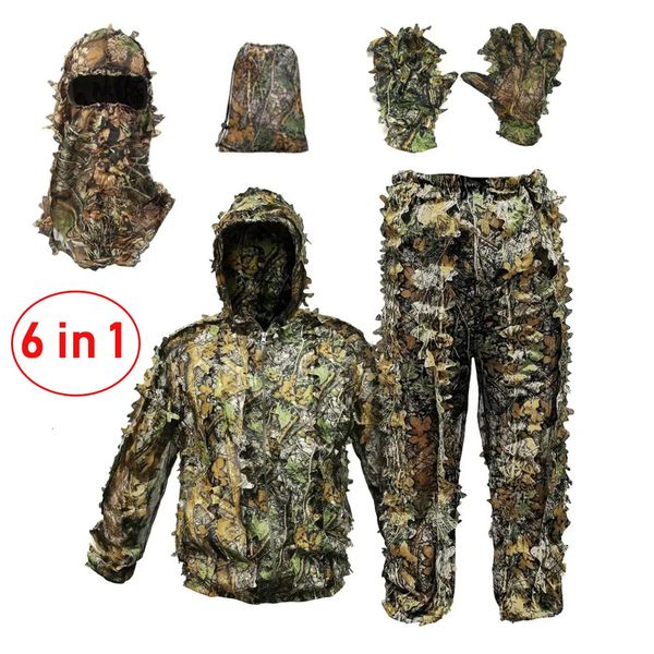 Gorras de ciclismo Máscaras Traje de caza de camuflaje transpirable para hombres Mujer Ligero y con capucha Diseño de hojas salvajes Woodland Hunter Ghillie Traje 6 en 1 231212