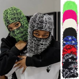 Radfahren Caps Masken Hip Hop Balaclava Distressed Gestrickte Volle Gesicht Ski Maske Frauen Outdoor Camouflage Fleece Fuzzy Beanies Männer Hut l231122