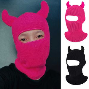 Cycling Caps Masks Ox Horn Balaclava Full Face Cover Ski Mask Bonnet 3 Hos Winter Warm feest gebreide Beanies Party Fietshoeden Halloween Gift L221014