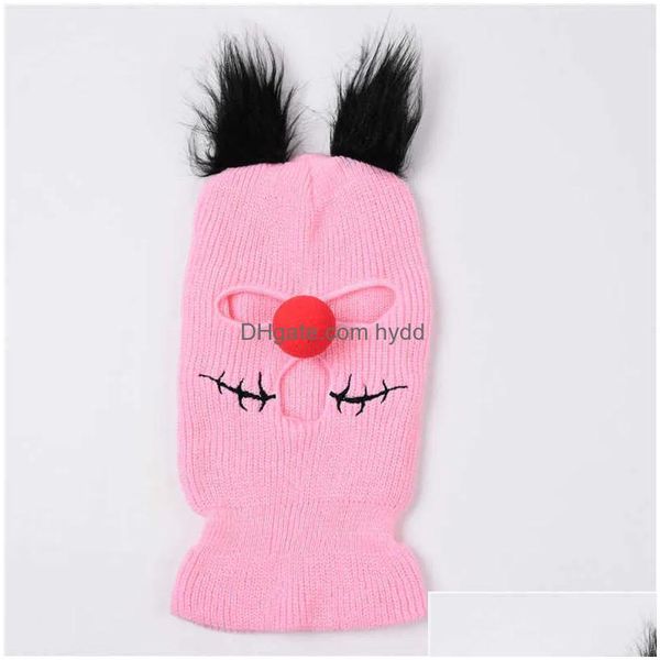 Gorros de ciclismo Máscaras P Orejas de gato grande Gorro bordado Clava con cara FL Er Máscara de esquí Sombreros Nariz de payaso rojo Gorros Gorro Sombrero Gota de invierno DH1XM