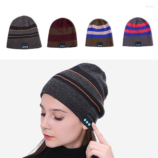 Gorras de ciclismo a rayas de colores a juego de punto de invierno cálido compatible con Bluetooth gorra de auriculares llamada inalámbrica auriculares de música sombrero para la noche