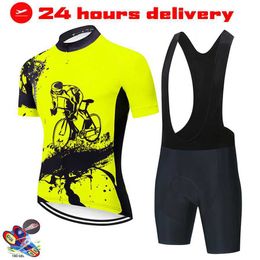 Ensembles de vêtements de cyclisme Jaune fluo Vêtements de cyclisme 19D Bib Set VTT Uniforme Vélo Vêtements À Séchage Rapide Vélo Porter Des Vêtements Hommes Court Maillot CulotteHKD230625