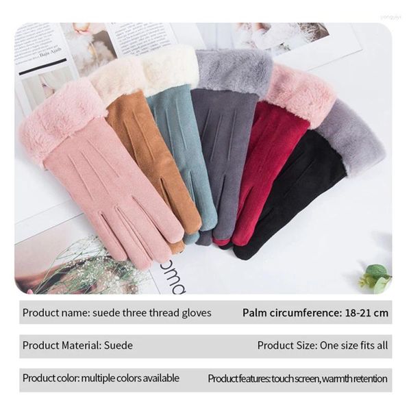 Guantes de ciclismo 1 par mujeres invierno felpa gruesa pantalla táctil conducción gamuza cuero manopla terciopelo tres costillas dedo completo cálido deporte guante