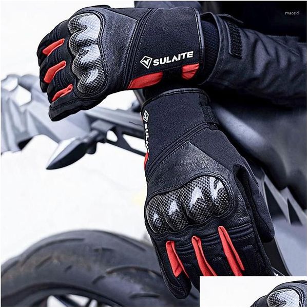 Guantes de ciclismo Guantes de cuero genuino Moto Road Racing Equipo Guante Hombres Invierno Algodón Cálido Toque Sn Drop Entrega Deportes Al aire libre Protecti Otjlw