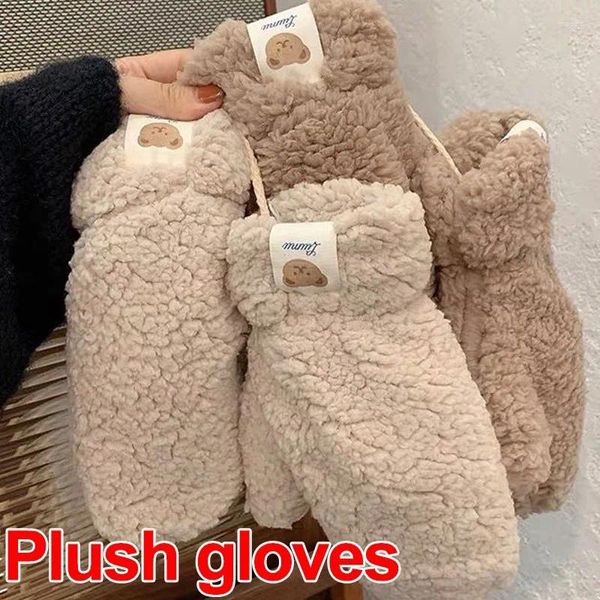 Gants de cyclisme en peluche Kawaii, chauds et doux, épais, sans doigts, ours japonais coréen avec cordes, mitaines d'équitation en plein air décontractées, hiver