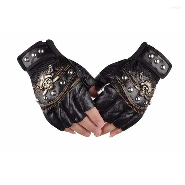 Gants de cyclisme en cuir moto course de motocross demi-doigts crâne de pirate rivet punk