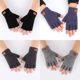 Gants de cyclisme pour hommes, chauds, élastiques, épais, tricotés, en laine d'alpaga, sans doigts, demi-doigts, hiver