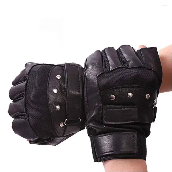 Guantes de ciclismo PU Cuero Doble Cinta adhesiva Remache Fitness Montar Levantamiento Transpirable Medio Dedo Deportes