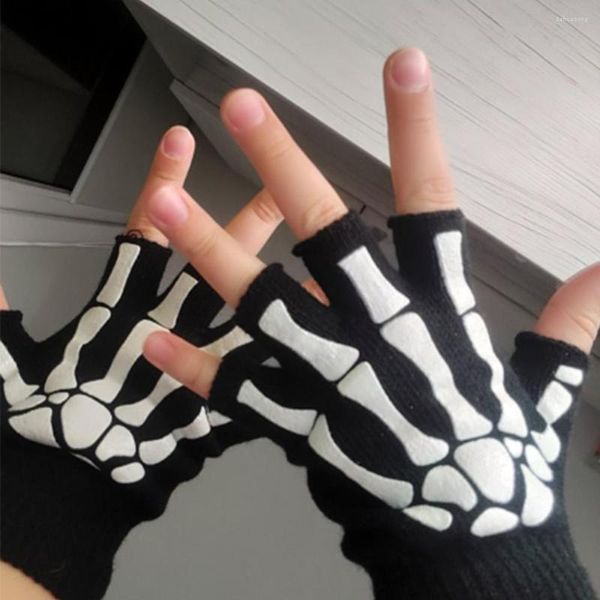 Gants de cyclisme Punk unisexe Halloween squelette crâne demi-doigt extensible tricoté mitaines d'hiver