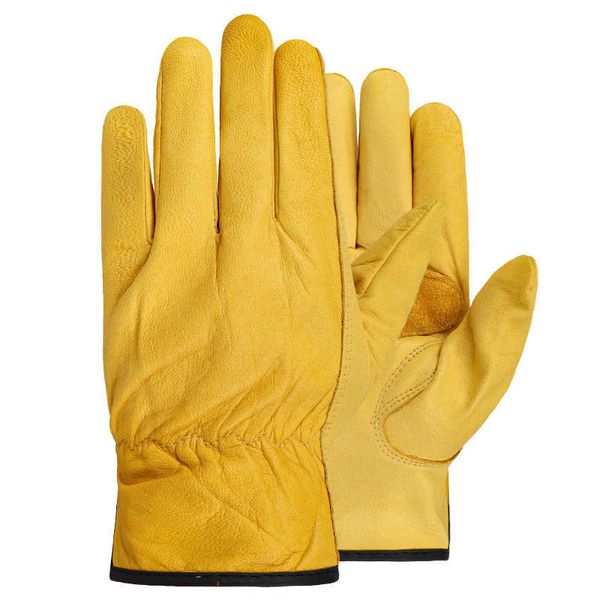 Guantes de ciclismo Marca QIANGAF Trabajo Conducción Cuero de vaca grueso Protección ather Seguridad Amarillo Cálido Antideslizante Guante resistente al desgaste H93 L221024