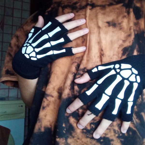 Gants de cyclisme unisexe adulte Halloween squelette crâne demi doigt brille dans le noir doigts extensible tricoté mitaines d'hiver L221024