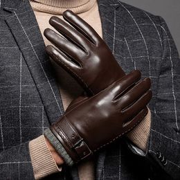 Gants de cyclisme hiver gants en cuir de peau de mouton pour hommes chauds doublés de cachemire gants de textos à écran tactile pour la conduite 231109